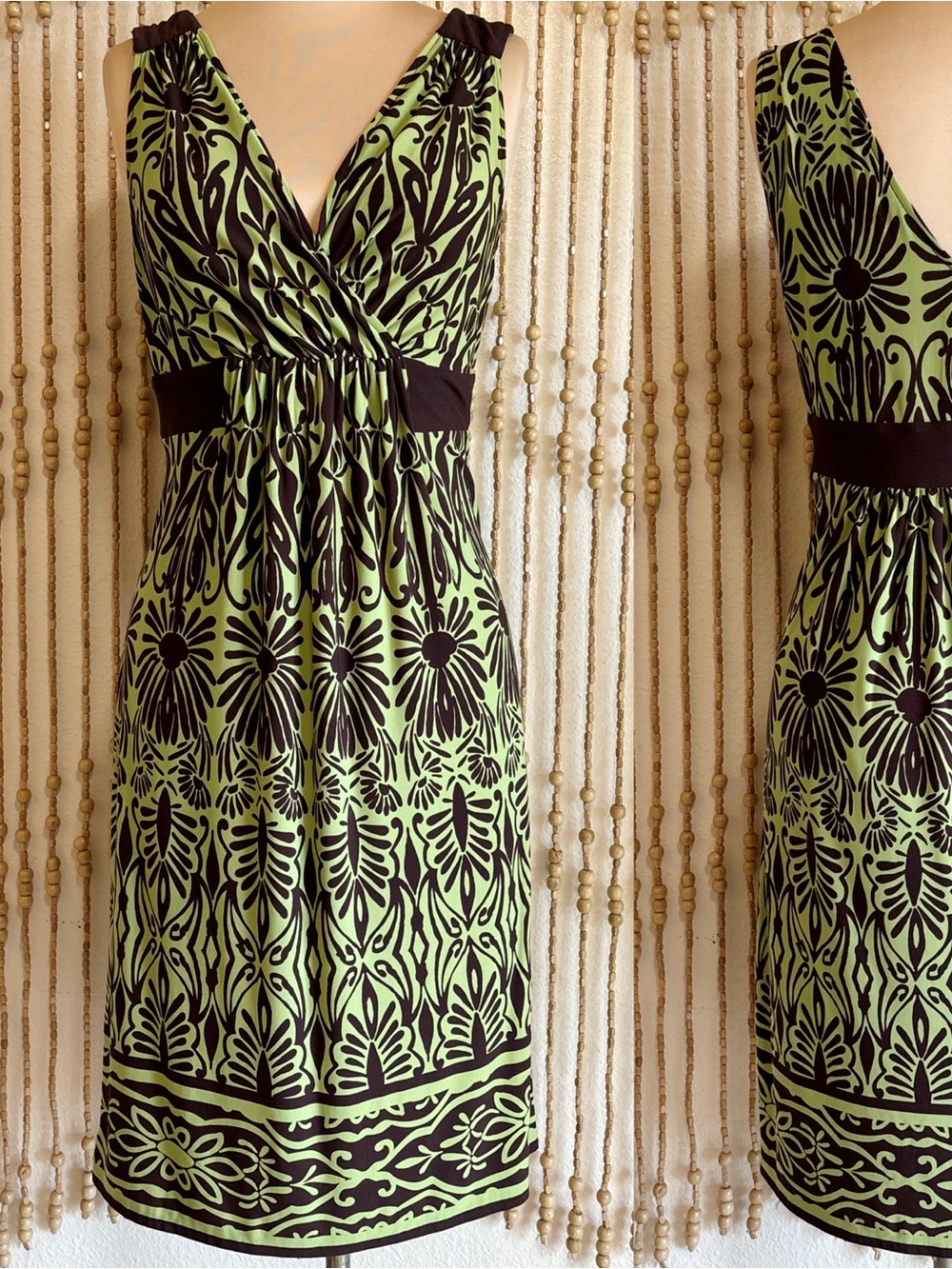 London Style Y2K Green Brown Boho Deco Floral Empire Stretch Cinche Midi Dress L